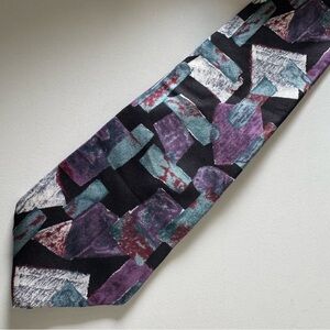 Geoffrey Beene Black Teal Green and Purple Silk Abstract Print Men’s Tie
